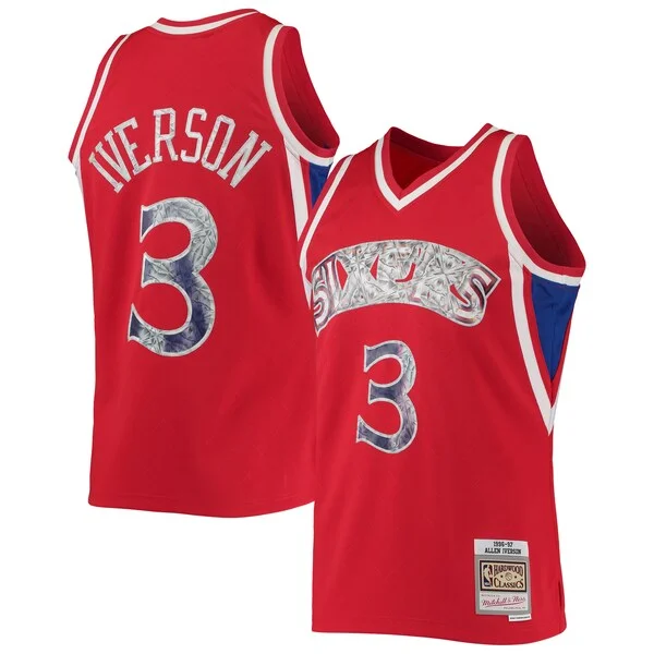 Attraente Prestigioso Allen Iverson Philadelphia 76ers 1996/97 Hardwood Classics NBA 75th Anniversary Diamond Swingman Jersey Red per gli appassionati