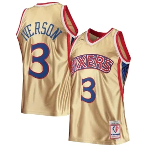 Accattivante Lussuoso Allen Iverson Philadelphia 76ers 75th Anniversary 1996/97 Hardwood Classics Swingman Jersey Gold per gli appassionati