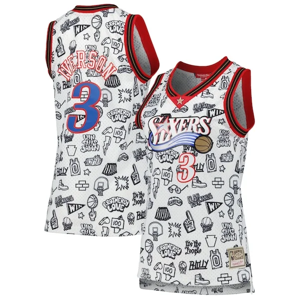 Delizioso Comodo Allen Iverson Philadelphia 76ers Women's 2000 Doodle Swingman Jersey White per gli appassionati
