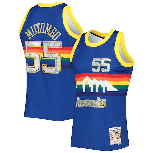 Trendy Dikembe Mutombo Denver Nuggets 1996/97 Hardwood Classics NBA 75th Anniversary Diamond Swingman Jersey Royal per gli appassionati