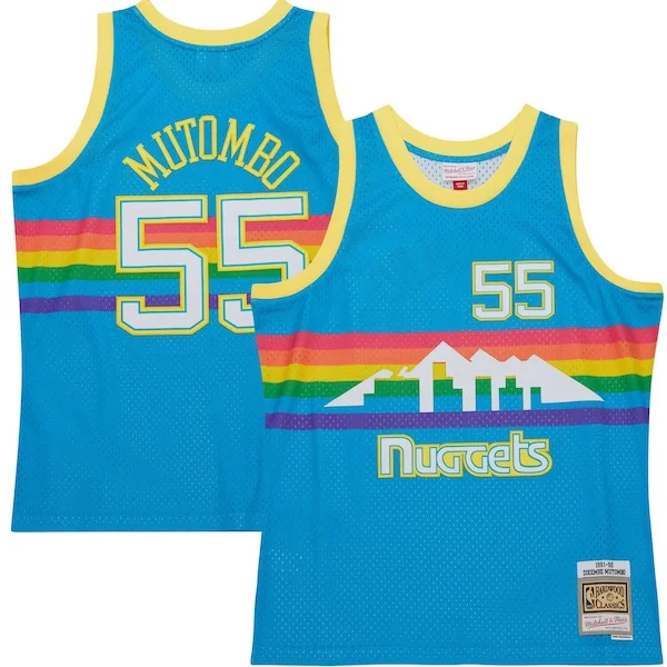 Prestigioso Accattivante Dikembe Mutombo Denver Nuggets Hardwood Classics 1991/92 Tropical Swingman Jersey Blue per gli appassionati