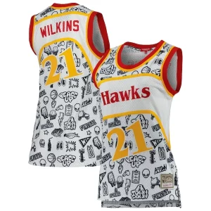 Comodo Ottimo Bellissimo Dominique Wilkins Atlanta Hawks Women's 1986 Doodle Swingman Jersey White per gli appassionati