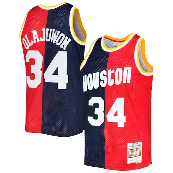 Meraviglioso Accattivante Hakeem Olajuwon Houston Rockets Hardwood Classics 1993/94 Split Swingman Jersey Navy/Red per gli appassionati