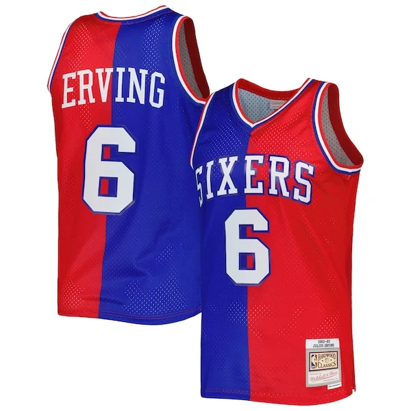 Prestigioso Julius Erving Philadelphia 76ers Hardwood Classics 1982/83 Split Swingman Jersey Royal/Red per gli appassionati