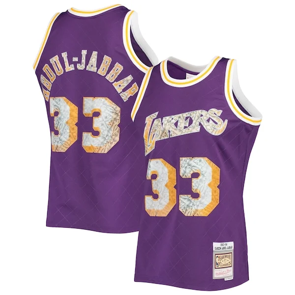 Resistente Splendido Kareem Abdul Jabbar Los Angeles Lakers 1996 97 Hardwood Classics NBA 75th Anniversary Diamond Swingman Jersey Purple per gli appassionati