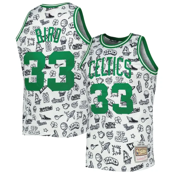 Robusto Larry Bird Boston Celtics 1985/86 Hardwood Classics Doodle Swingman Jersey White per gli appassionati