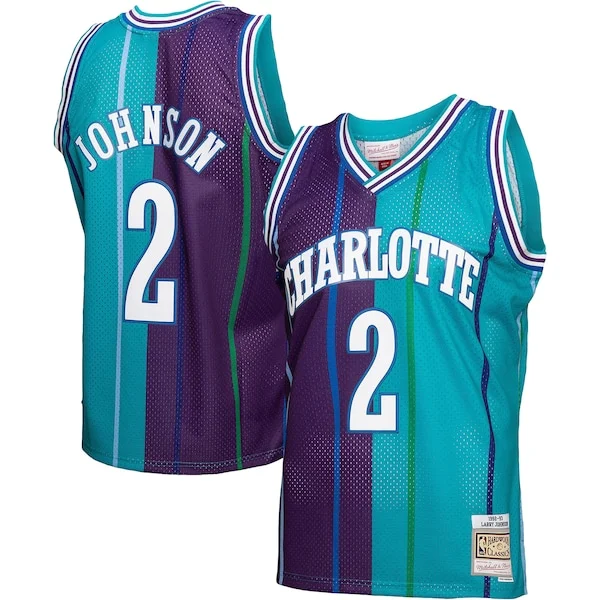 Cool Fantastico Trendy Larry Johnson Charlotte Hornets Hardwood Classics Split Swingman Jersey Teal/Purple per gli appassionati
