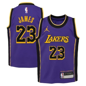 Trendy LeBron James Los Angeles Lakers Jordan Brand Preschool 2022/23 Dri FIT Replica Jersey Statement Edition Purple per gli appassionati