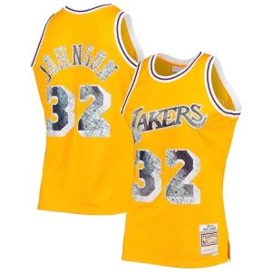 Raffinato Magic Johnson Los Angeles Lakers 1984/85 Hardwood Classics NBA 75th Anniversary Diamond Swingman Jersey Gold per gli appassionati