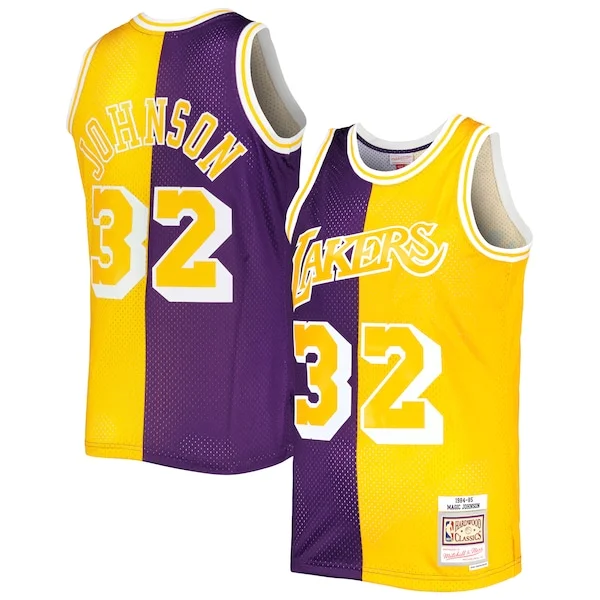 Attraente Magic Johnson Los Angeles Lakers Hardwood Classics 1984/85 Split Swingman Jersey Purple/Gold per gli appassionati