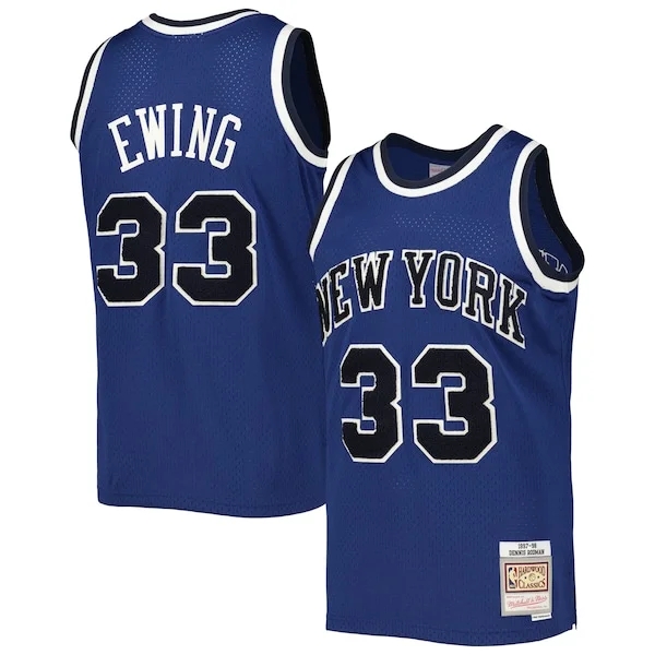 Moderno Patrick Ewing New York Knicks 1997/98 Hardwood Classics Off Court Swingman Jersey Blue per gli appassionati