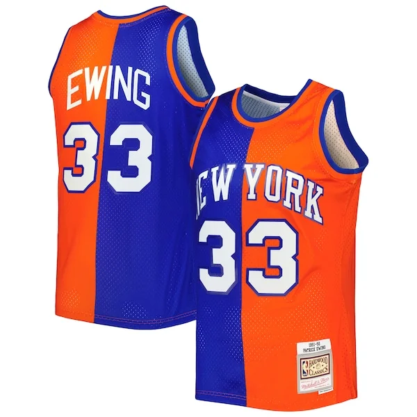 Meraviglioso Patrick Ewing New York Knicks Hardwood Classics 1991/92 Split Swingman Jersey Blue/Orange per gli appassionati