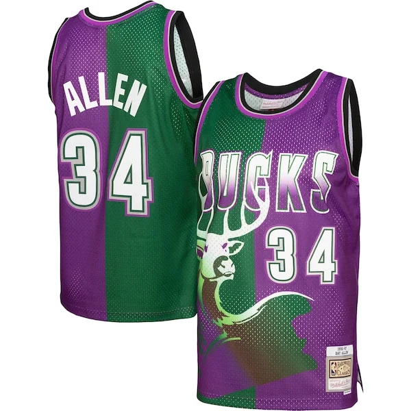 Trendy Stupendo Fantastico Ray Allen Milwaukee Bucks Hardwood Classics 1996/97 Split Swingman Jersey Green/Purple per gli appassionati