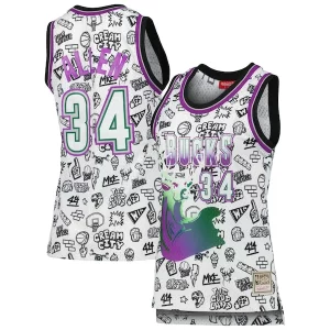 Classico Attraente Moderno Ray Allen Milwaukee Bucks Women's 1996 Doodle Swingman Jersey White per gli appassionati