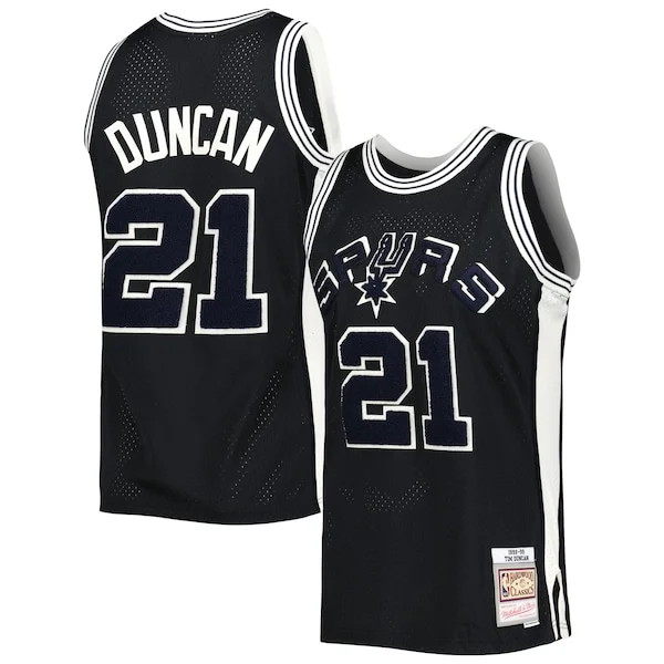 Splendido Accattivante Tim Duncan San Antonio Spurs 1998/99 Hardwood Classics Off Court Swingman Jersey Black per gli appassionati