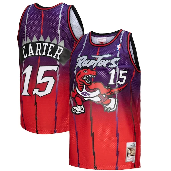 Eccezionale Vince Carter Toronto Raptors 1998/99 Hardwood Classics Fadeaway Swingman Player Jersey Red/Purple per gli appassionati